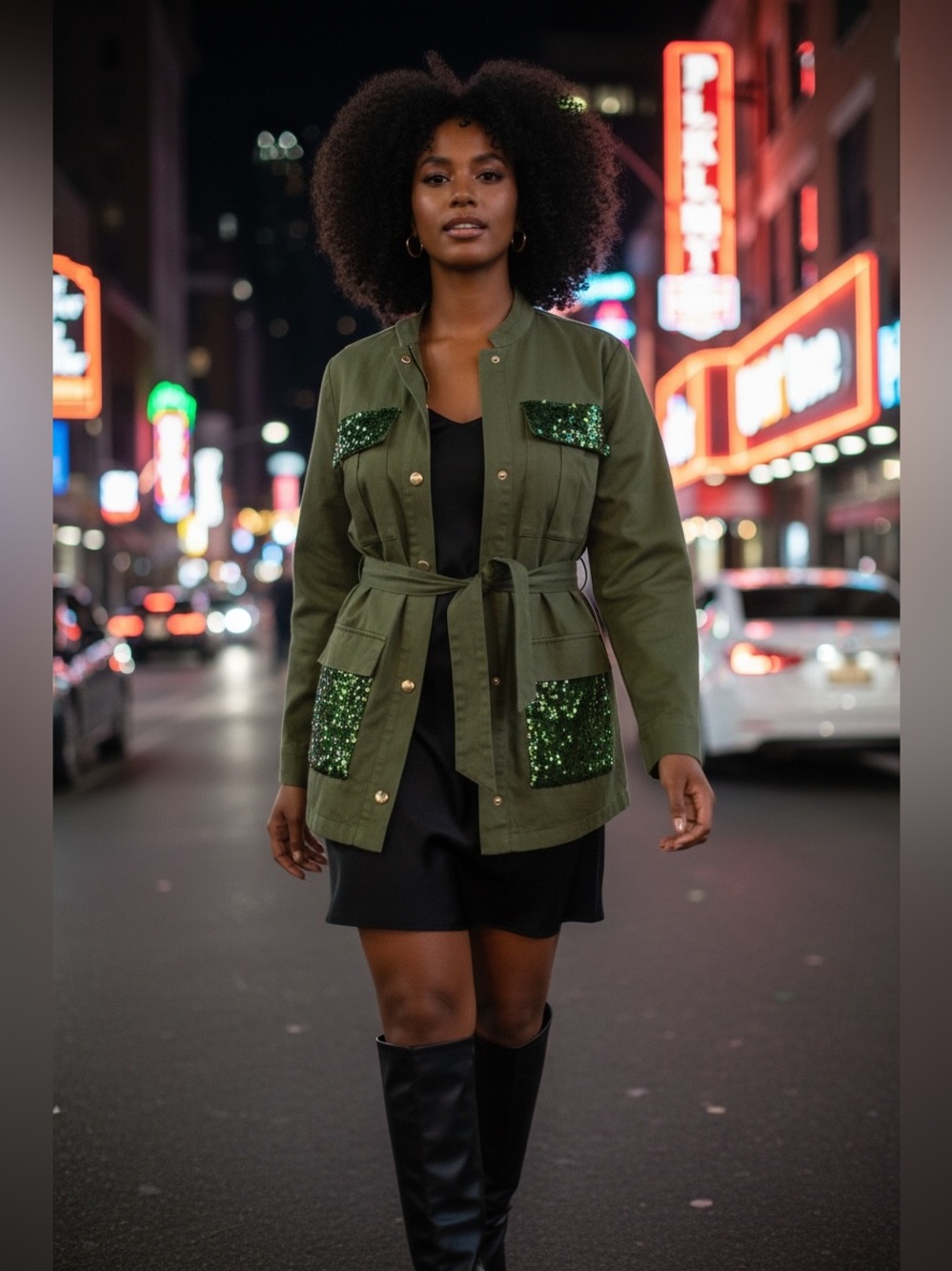 Ashley Stewart Olive Green Cotton Utility Jacket with Sequins